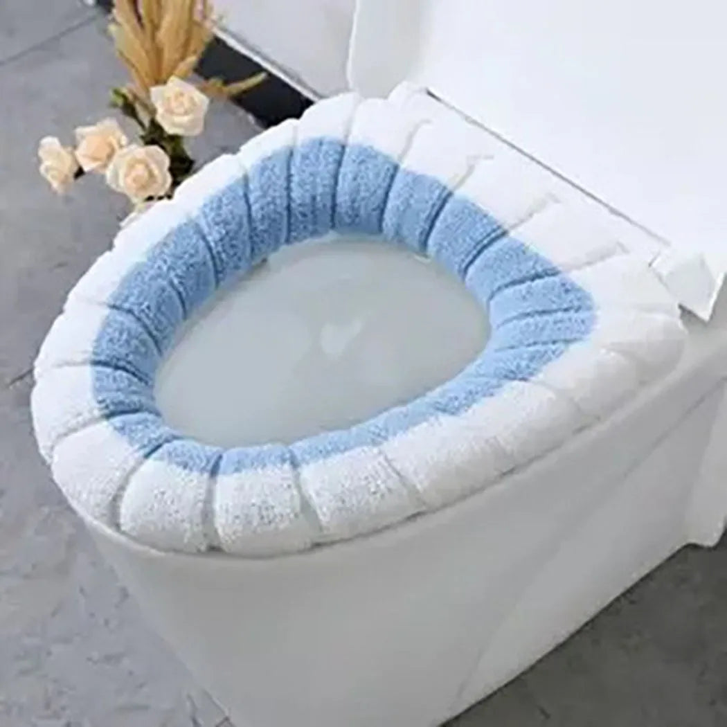 1Pcs Bathroom Toilet Seat Cover Mat Washable Warmer Bathroom Toilet Cushion With Handle Thicker Soft Knitting Closestool Pad Oasis Select White Blue
