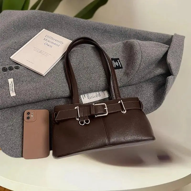 Vintage Solid Color Tote Bag Large Capacity Shoulder Handbag for Women Commute Shopping Daily Use Oasis Select