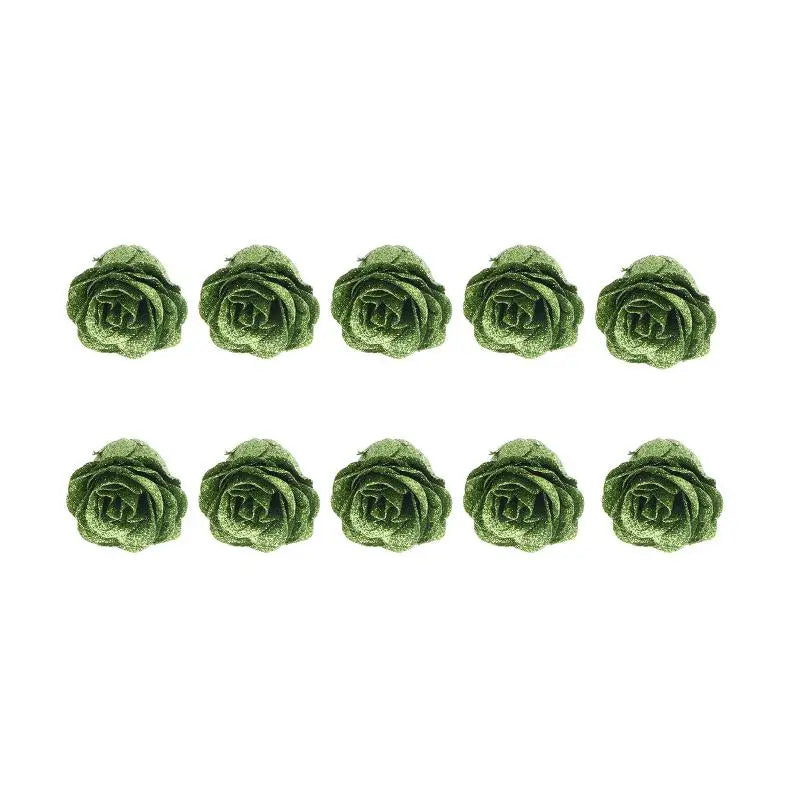 10Pcs Fairy Simulation Crystal Rose DIY Fake Flower Heads Valentine's Day Sparkling Rose Family Atmosphere Decoration Oasis Select Green 10Pcs