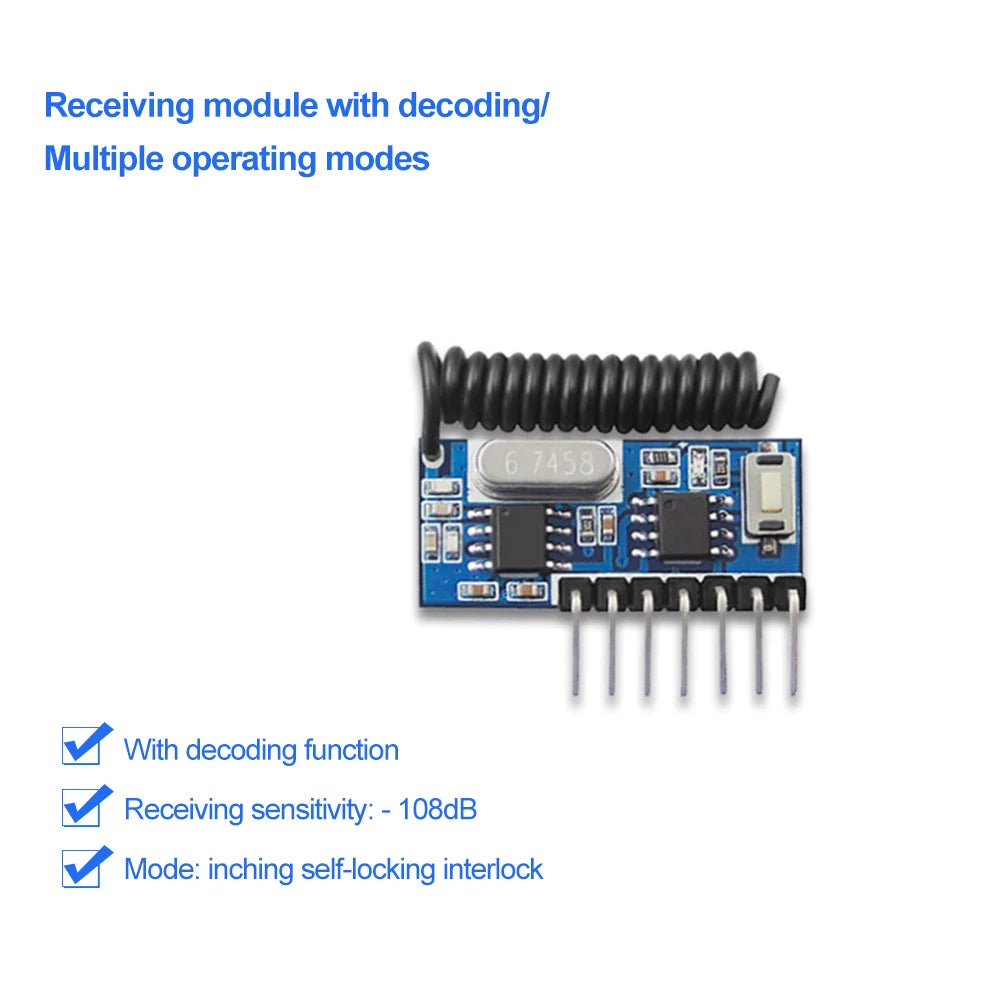 433 Mhz RF Remote Control Receiver and 433mhz RF Relay Receiver Switch Module DC3.3V-5V Jog Self-locking Interlock Controller Oasis Select