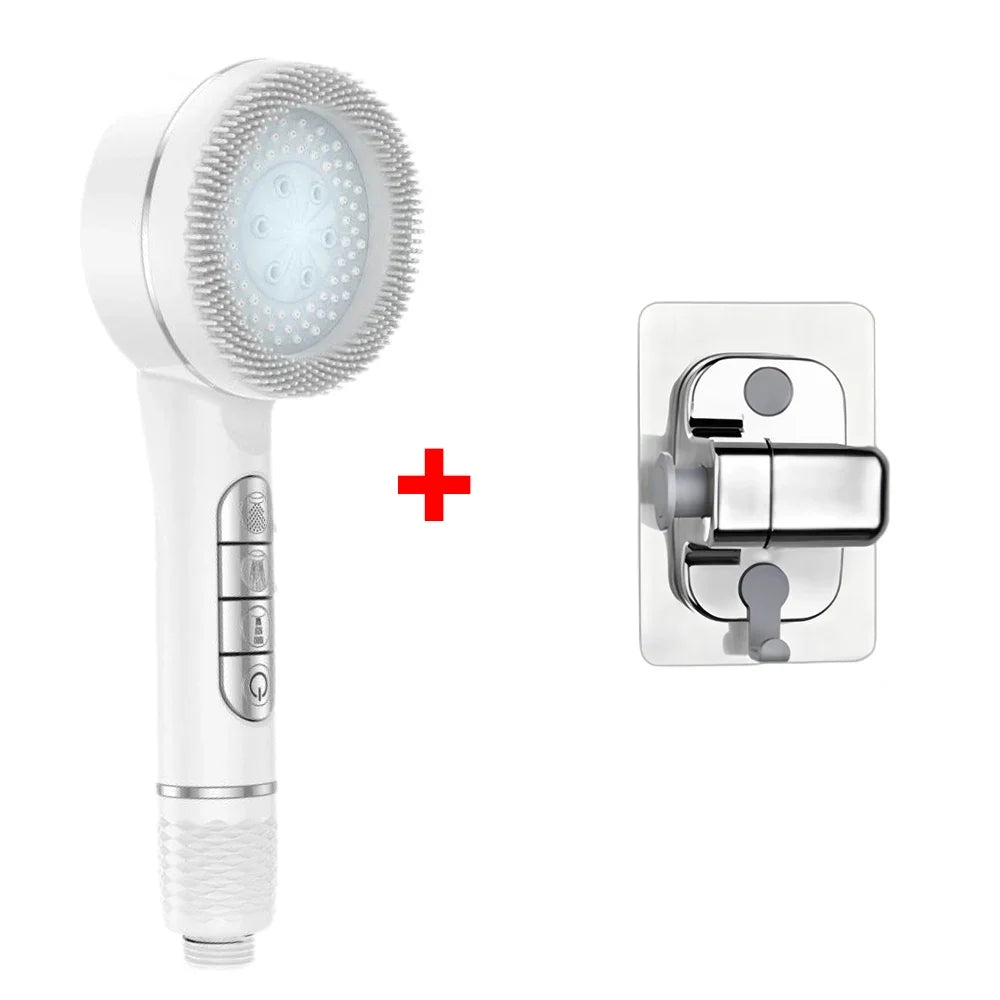 4 Modes Self-cleaning Shower Head with Silicone Brush One-Key Stop Water Massage High Pressure ABS Showerhead with Filter Oasis Select White Base Set
