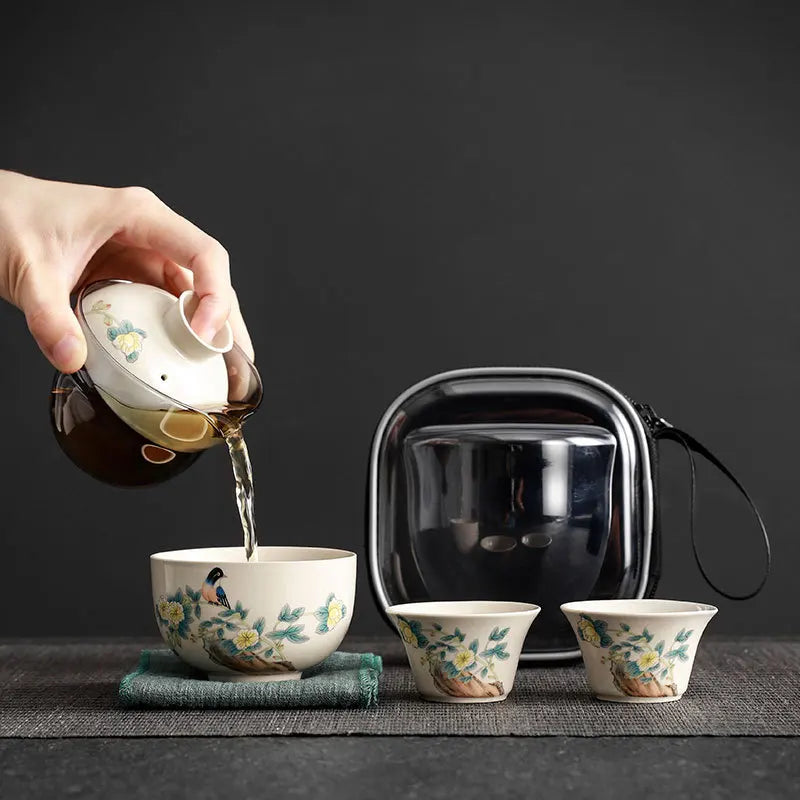Grass Ash Travel Tea Set Household Car Outdoor Tea Making Portable One Pot Three Cups Oasis Select