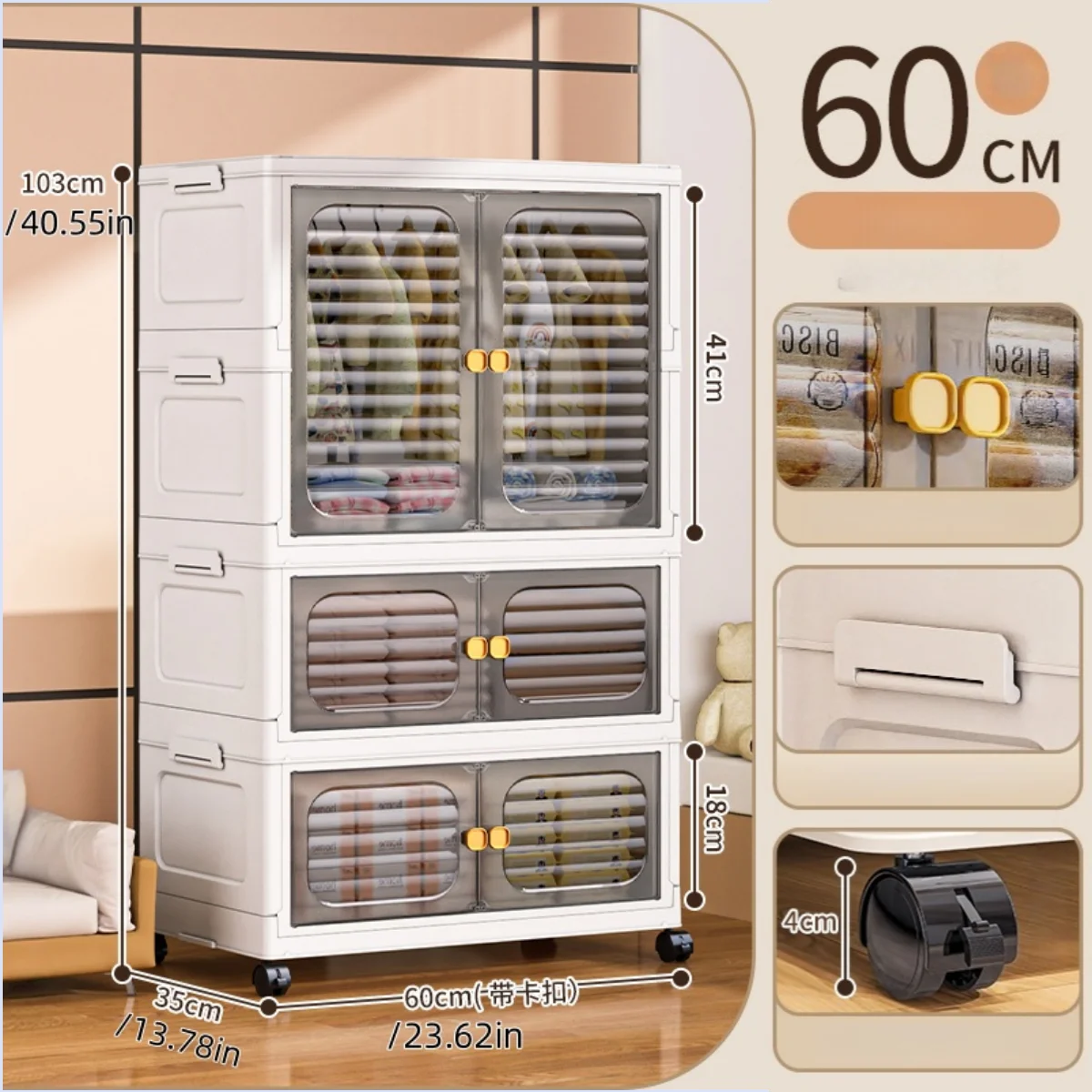 Foldable Cabinet,2-5 Tier, Multi-Combo,Rolling Mobile with Wheels,Heavy-Duty, Large Capacity,Bedroom/Living Room/Kitchen Storage Oasis Select 3Layers-gray