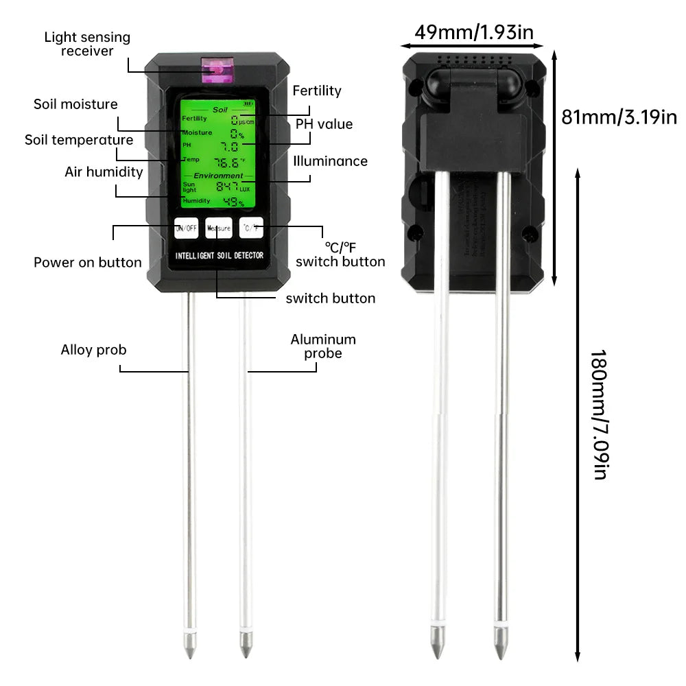 Digital Soil PH Meter 6 in 1 Multifunctional Soil Moisture Tester ℃/℉ Temperature Meter Light Meter Soil Quality Detector Oasis Select