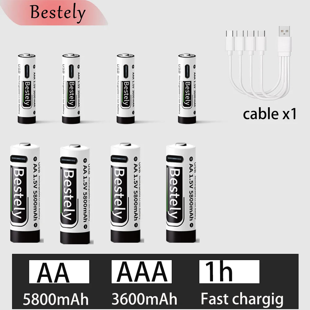 New 1.5V AA 5800mAh+AAA 3600mAh Lithium rechargeable Battery,USB Fast Charging Li-ion Battery , 2000 Cycles with USB- C Cable Oasis Select 4AA 4AAA