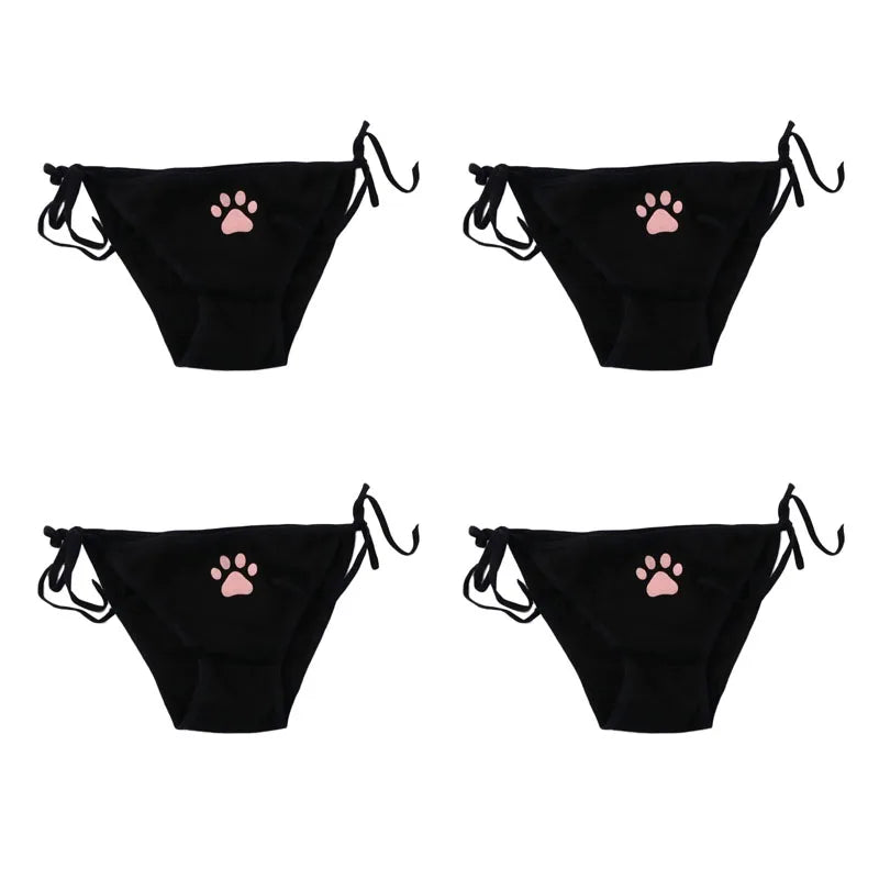 1/2/3/4pcs Women Sexy Sweet Cat Claw Briefs Low Waist Bowknot Bandage Lingerie Strings Strap Underwear Ladies Breathable Panties Oasis Select 4pcs black One Size as show