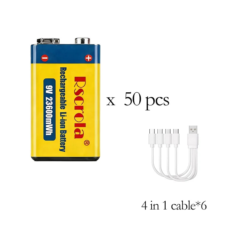 Long-Lasting 9V Lithium ion Rechargeable Battery 23600mWh High Capacity for Guitar Microphone Smoke Detector Pedal with Cable Oasis Select 50 PCS Batteries