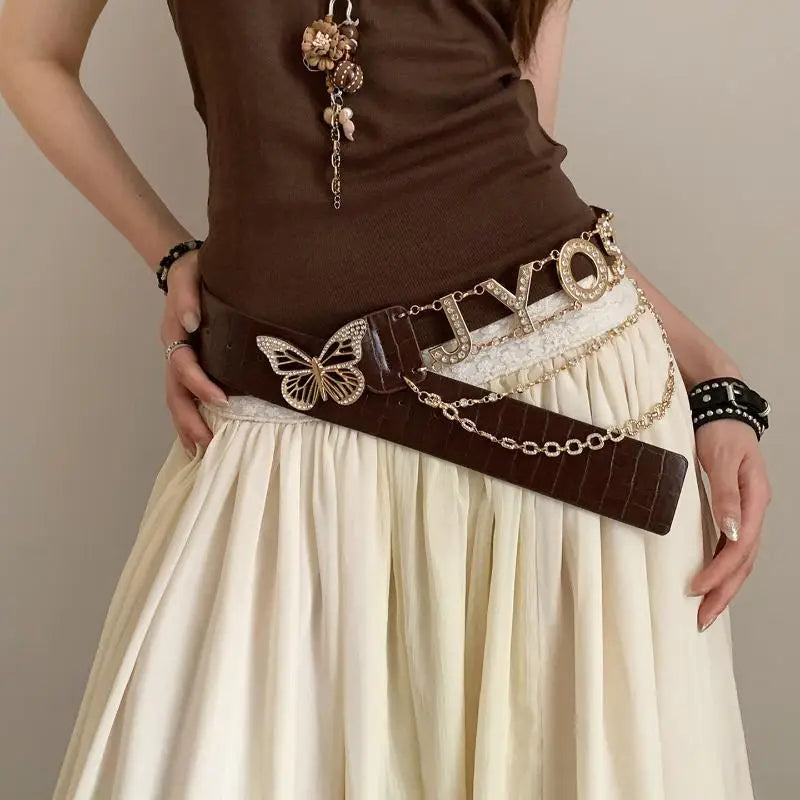 Rhinestone Y2K Letter Belt – PU Butterfly Chain Women's Belt Fashion Belt Oasis Select A5