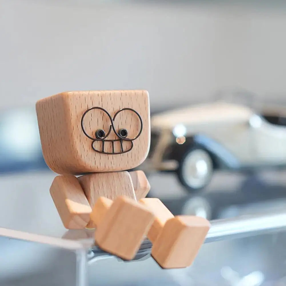 Leg-Shaking Wooden Man Car Dashboard Figurine | Magnetic Decor