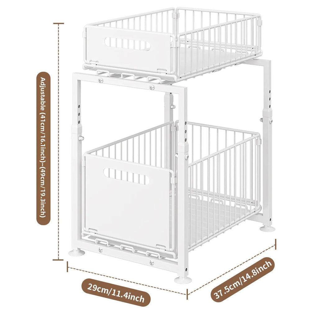 Kitchen lower sink rack, seasoning rack, storage basket, adjustable cabinet pull-out layered rack Oasis Select White