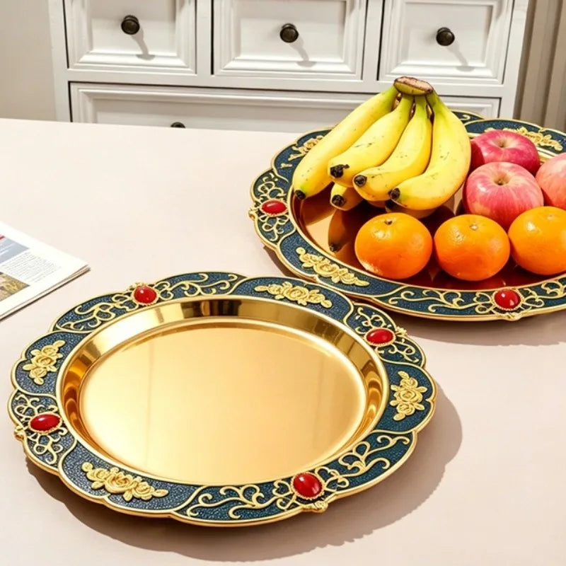European Relief Ornate Decorative Serving Tray Floral Patterned Round Platter for Snacks and Table Display Oasis Select