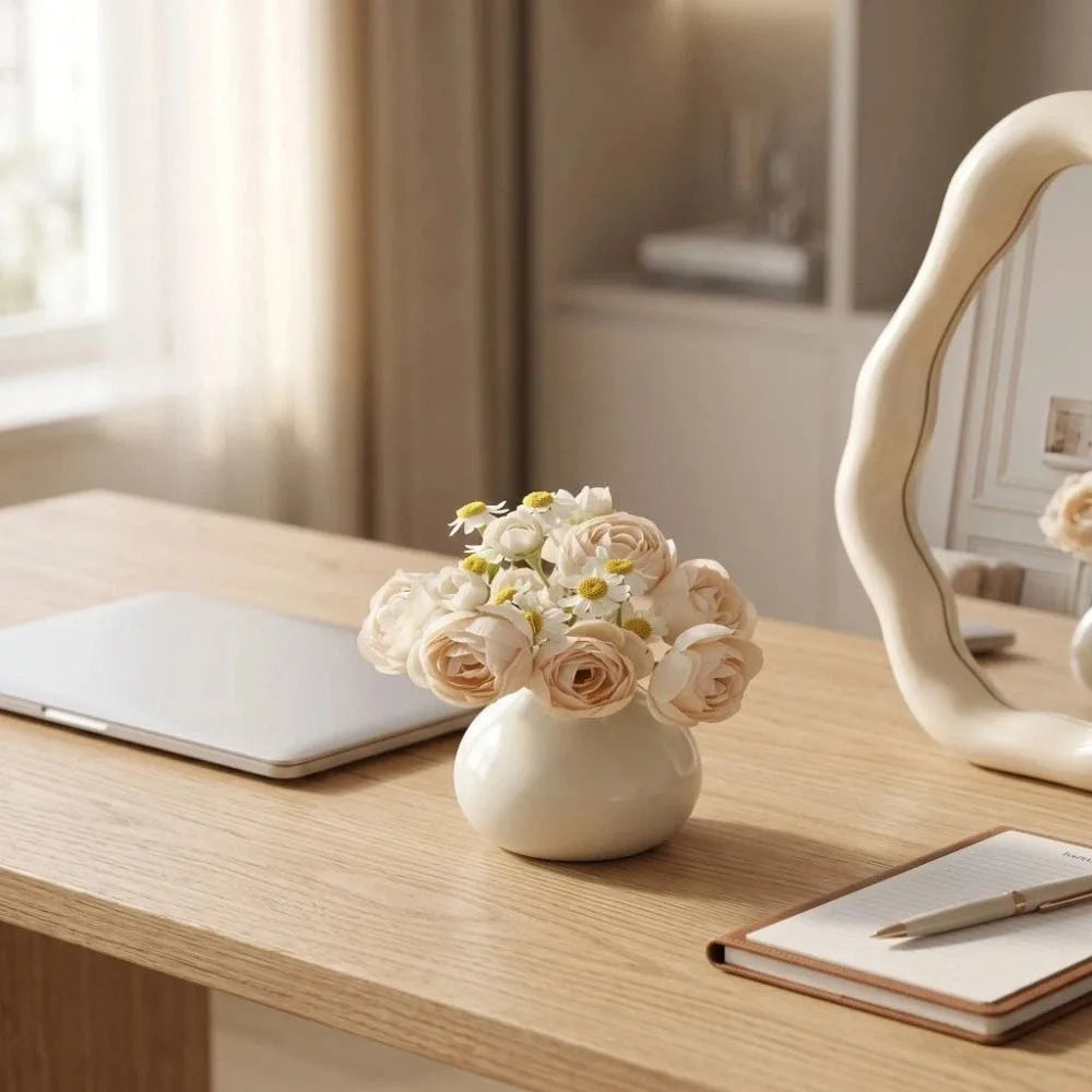 Minimalist Ceramic Vase & Artificial Rose Set | Home Decor