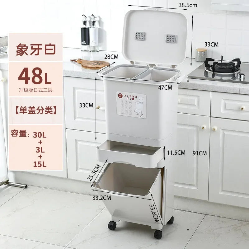 Japanese-style sorting trash can Double bucket Household large kitchen with lid Foot pedal Dry and wet plastic separation bucket Oasis Select 48L three-single