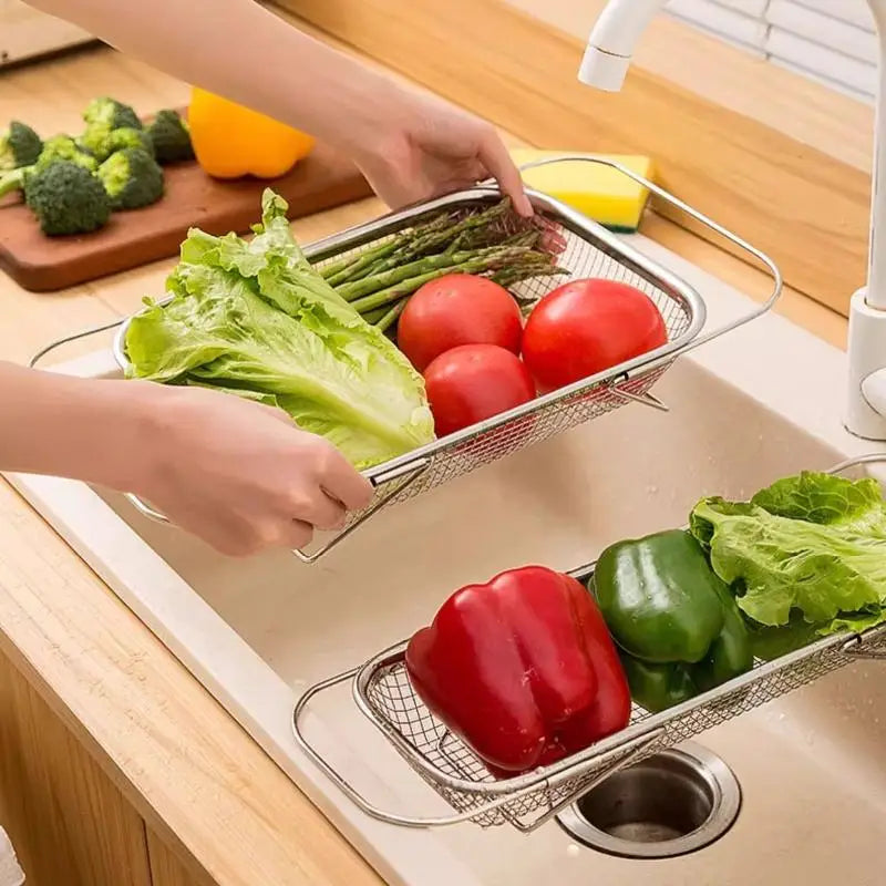 1PCS Stainless Steel Drain Basket Kitchen Sink Retractable Vegetable Washing Basin Drain Rack Tableware Drain Rack Oasis Select