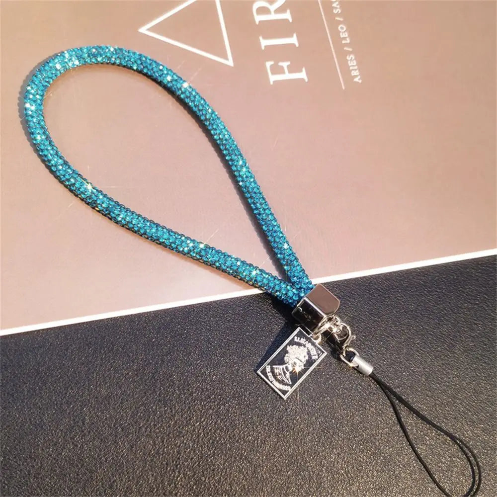 Rhinestone Lanyard Mobile Phone Lanyard Women's Luxury Full Diamond Pendant Long Neck Strap Anti-lost Sling Short Wrist Chain Oasis Select Blue Short