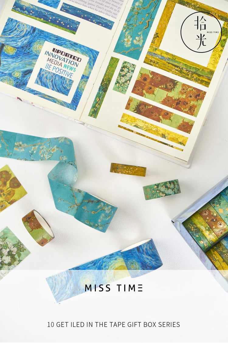 10pcs Van Gogh gold stamping and paper tape, creative and beautiful DIY notebook decoration material stickers 10 rolls Oasis Select