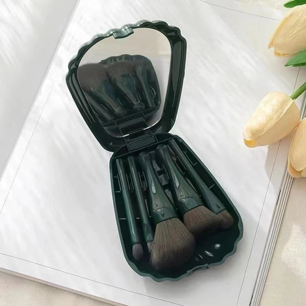 Mini Makeup Brush Set with Mirror Portable Makeup Brush Set, Shell Portable Travel Makeup Brush Set 5 Sizes Brush Mini Complete Oasis Select green