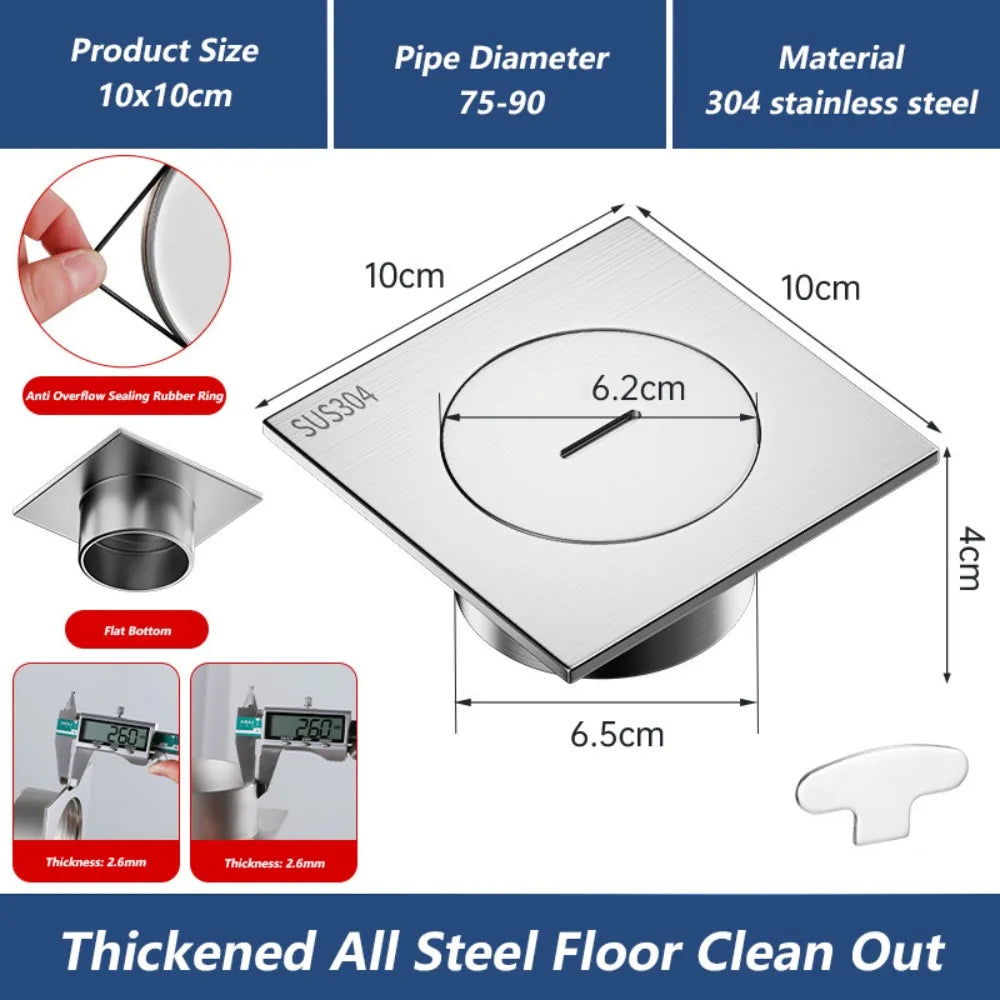 Heavy Duty Square Floor Clean Out 304 Stainless Steel 75/110 Plug Drainage Port with Cleaning Port Shower Floor Drain Bathroom Oasis Select 10x10cm