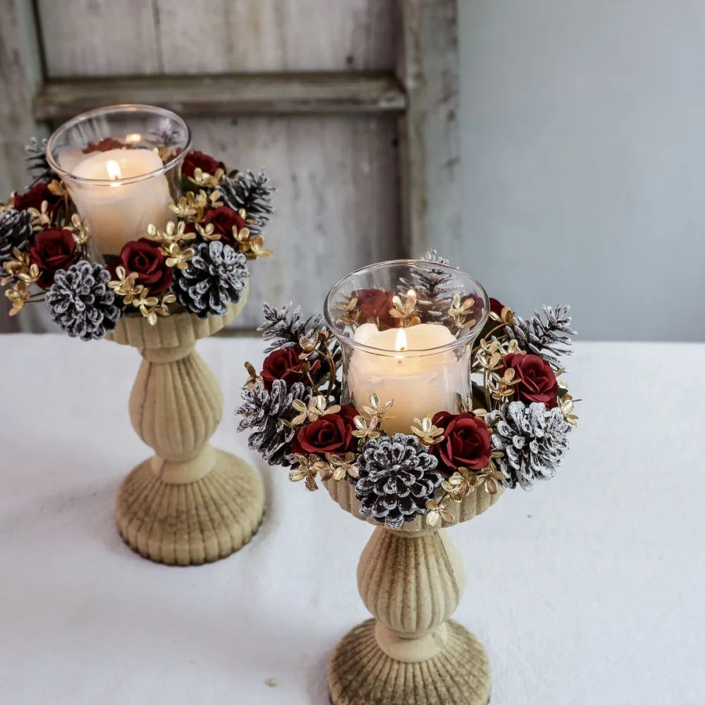 Christmas Candlestick Wreath Red Fruit Artificial Flowers Candle Ring Xmas New Year Table Decoration Candle Holder Garland Oasis Select