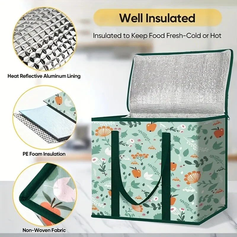 Large Reusable Grocery Bag - Keeps Food Hot/Cold for Hours, Durable Zipper Top, Spacious Interior with Storage Pockets Oasis Select