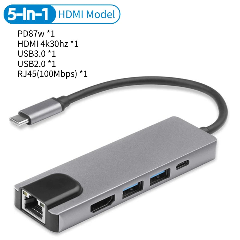 Type-C To 5Ports Docking Station HDMI 4K/RJ45 100M Splitter USB 3.0 5Gbps High Speed USB C 5 in 1 HUB Adapter For Laptop Macbook Oasis Select 5-IN-1 RJ45 100M