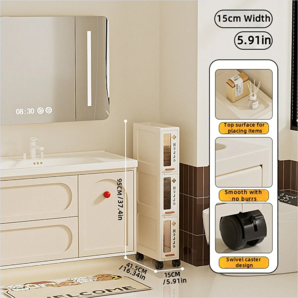 Slim Mobile Storage Cabinet, Space-Saving Narrow Drawer Organizer, Minimalist Multi-Purpose Design for Kitchen/Bathroom/Living Oasis Select 15cm 3 Tiers