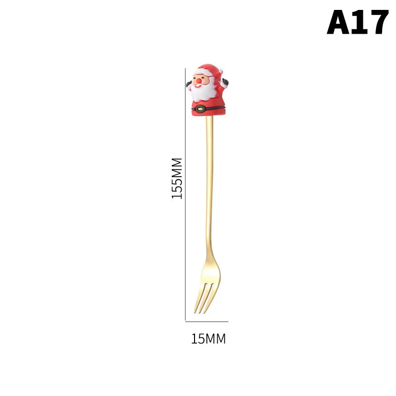 Stainless Steel Christmas Dessert Spoons Cake Forks Cartoon Tree Elk