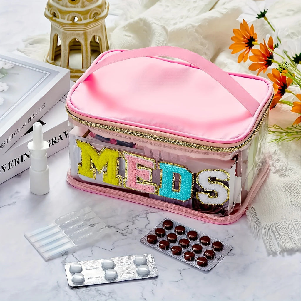 1PC Fashion letter patch cosmetic bag Clear handle nylon zipper travel medicine bag suitable for patients and nurses Oasis Select