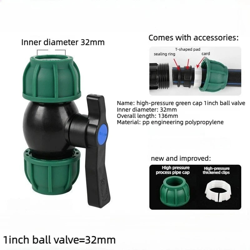 PE Ball Valve 4 Points 6 Points 1 Inch Water Pipe No Hot Melt Quick Connector Valve Switch Quick Connector Irrigation Joint Oasis Select 1 inch 32mm Upgrade Green Hat Ball valve