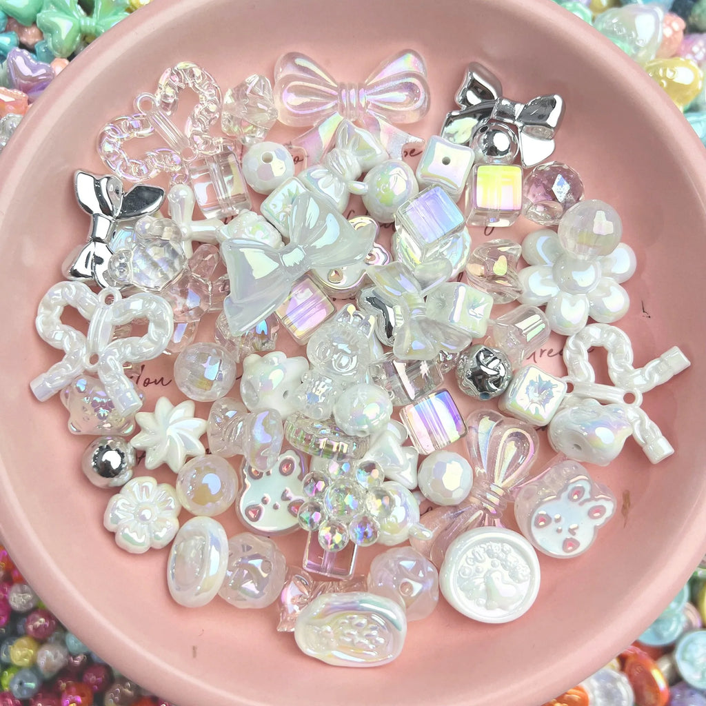 20g Y2K Acrylic Assorted Beads Flower Sweetheart Butterfly Candy Kawaii Aesthetic Beads for Bracelets DIY Jewelry Making Supply Oasis Select White Silver