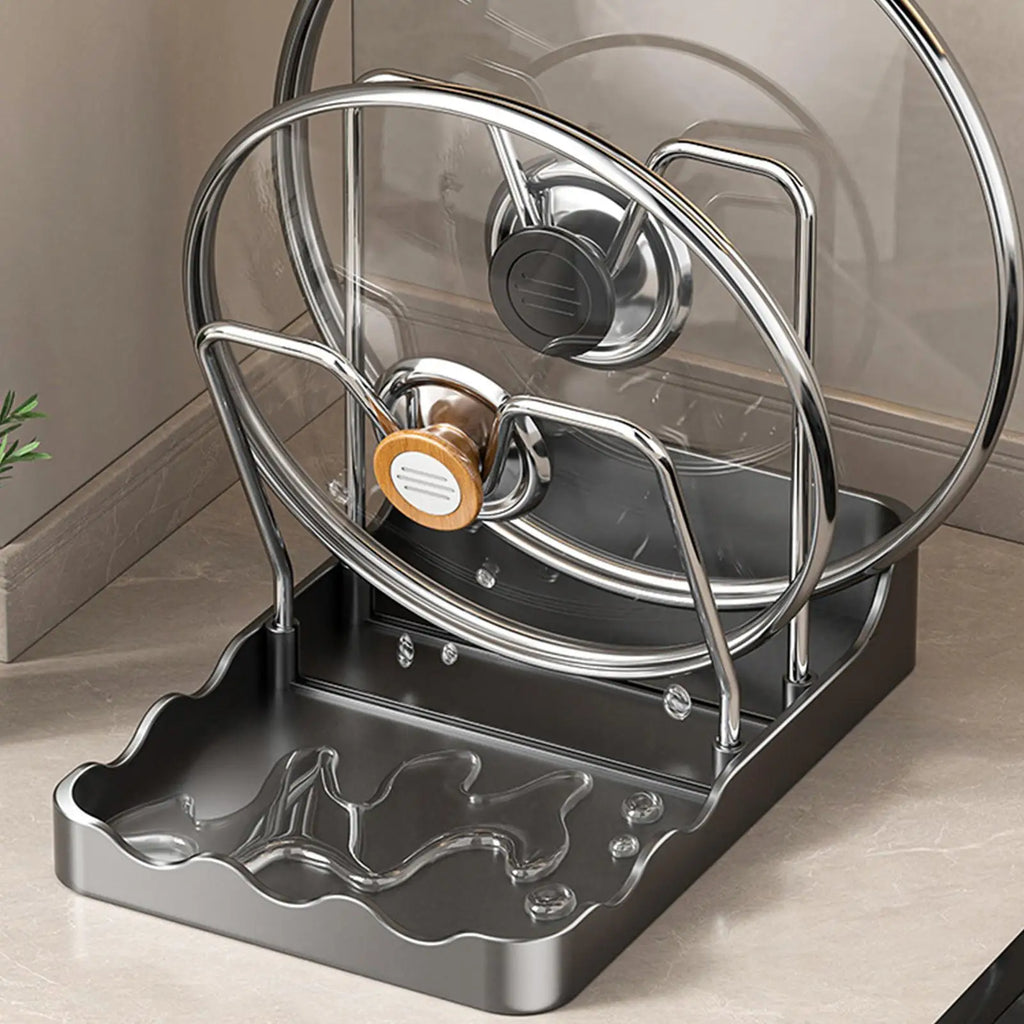 Pot Lid Organizer Vertical Spoon Storage Shelf with Drip Tray Stainless Pot Lid Storage Rack for Kitchen Baking Cooking Pantry Oasis Select