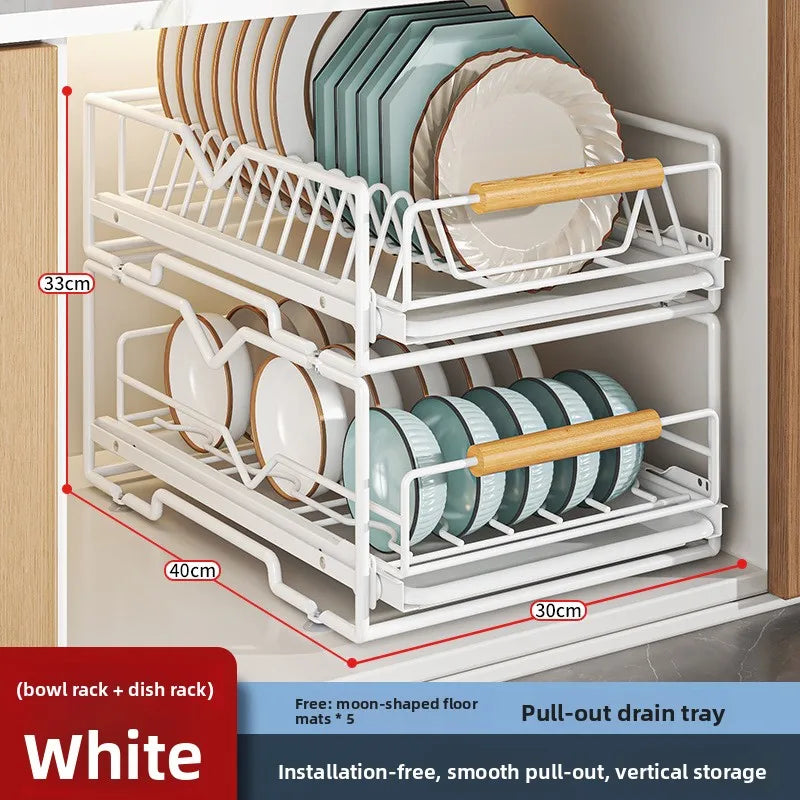 Kitchen Household Drain Bowl Rack Layered Seasoning Bowl Rack in Cabinet Double Layer Drawer Type Pull Basket Dish Storage Rack Oasis Select S dish rack