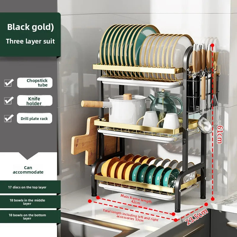 Kitchen Storage Artifact H-Type Dish Rack Drain Rack Multi-layer Multifunctional Bowl Rack Chopstick Rack Kitchen Shelf Oasis Select HJ three-layer set