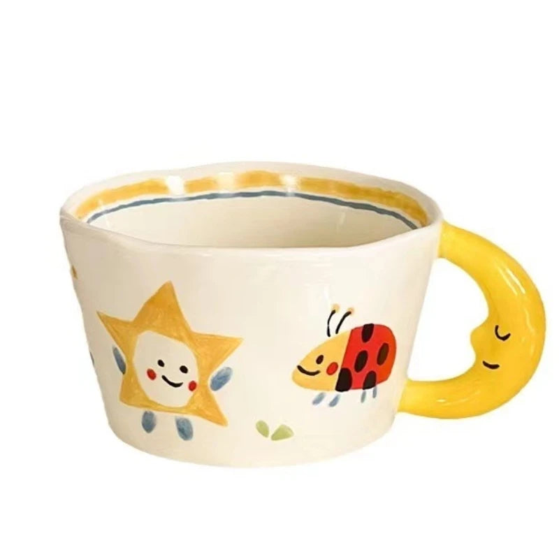 Ceramic Mug Lovely Hand Painted with Moon Handle Creative Breakfast Cup Kitchen Drinkware Milk Tea Coffee Mugs for Birthday Gift Oasis Select Ladybird 300ml