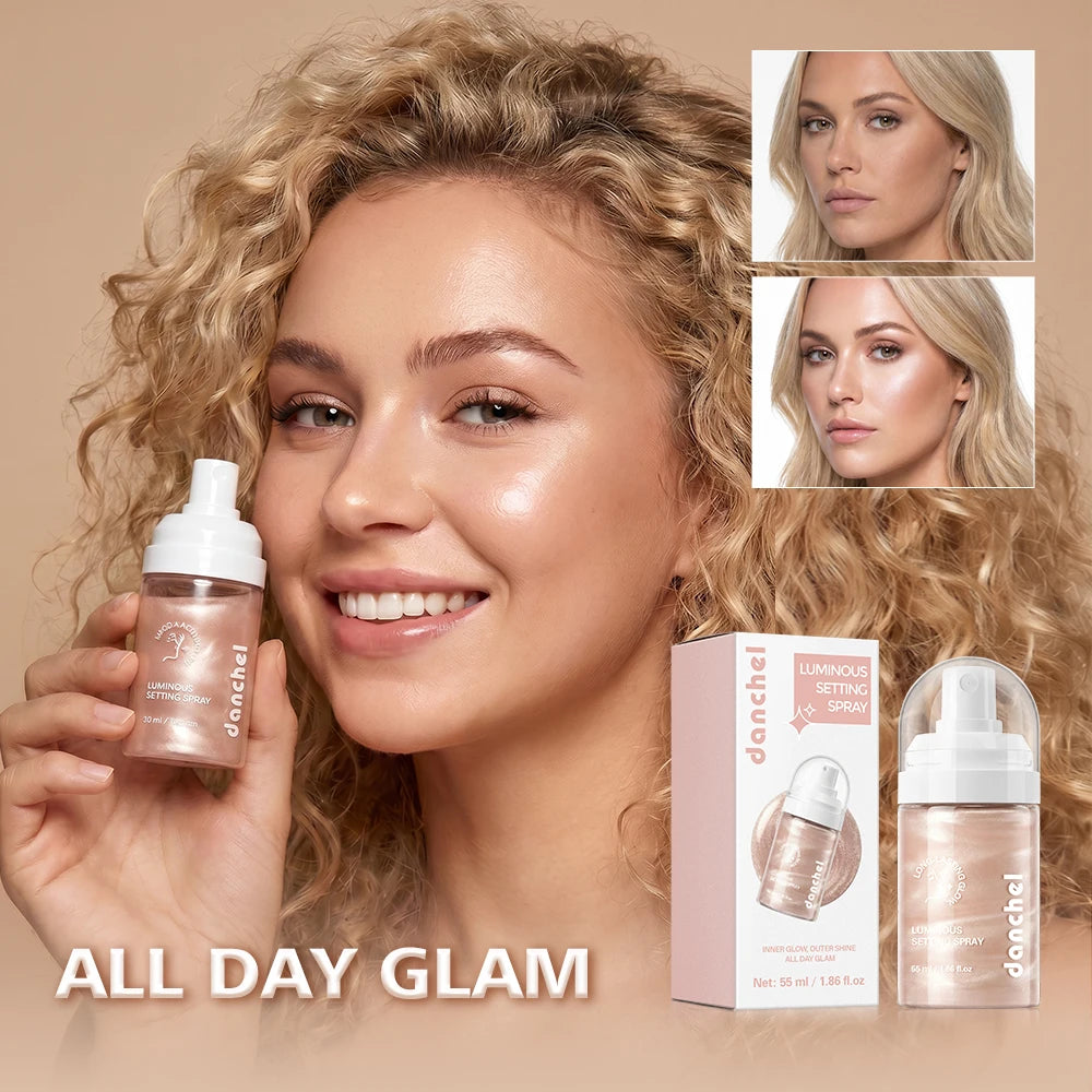 Luminous Shimmery Champagne Pink Setting Spray Liquid Long Lasting Waterproof Smudge Resistant Dewy Radiant Glow Multi‑use Face Oasis Select