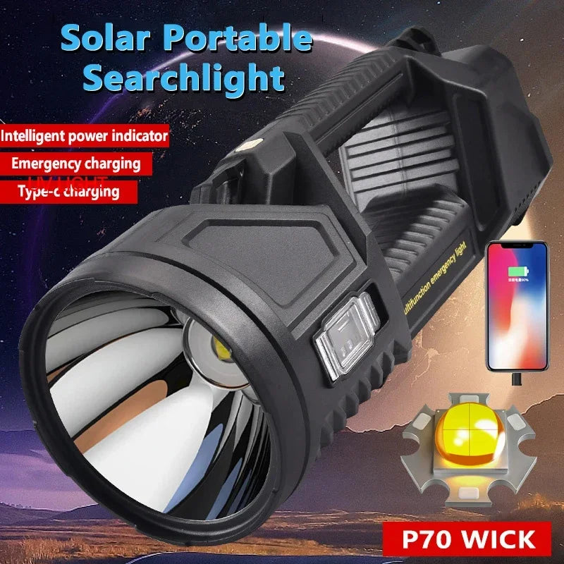 Powerful XHP70 LED Flashlight Solar Charging Searchlight Long Range USB Rechargeable Camping Lantern Multifunctional Work Light Oasis Select
