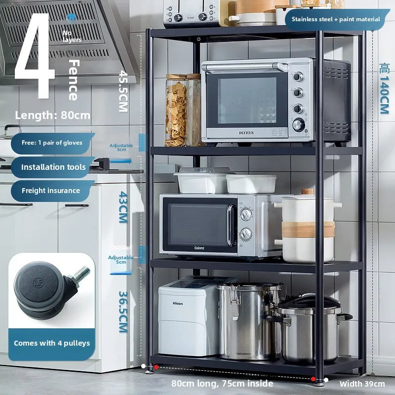 Multi-functional Kitchen storage rack Floor-to-ceiling multi-layer storage rack Stainless steel microwave oven rack Pot rack Oasis Select Black-4-80