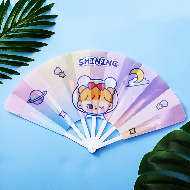 Cartoon Hand Crank Cool Fan Creative Summer Small Fresh Cute Portable Folding Fan PP Plastic Folding Fan for Student Children Oasis Select style D