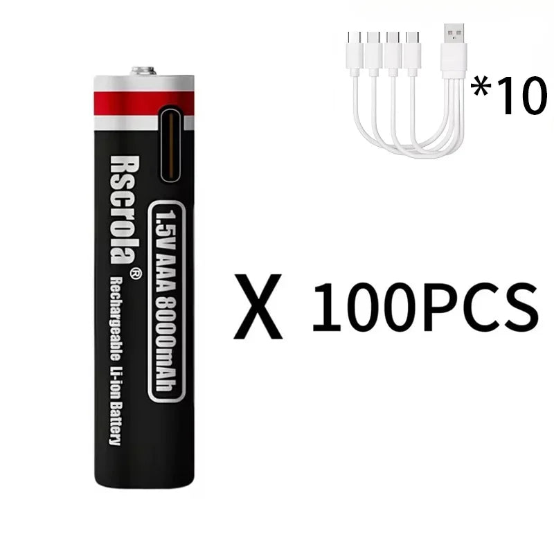 AAA Rechargeable Battery 1.5V 8000mAh Li-ion Batteries with USB Direct Charge Port for Remote Control Toy Mouse Keyboard+Cable Oasis Select 1.5V 100 PCS Batteries