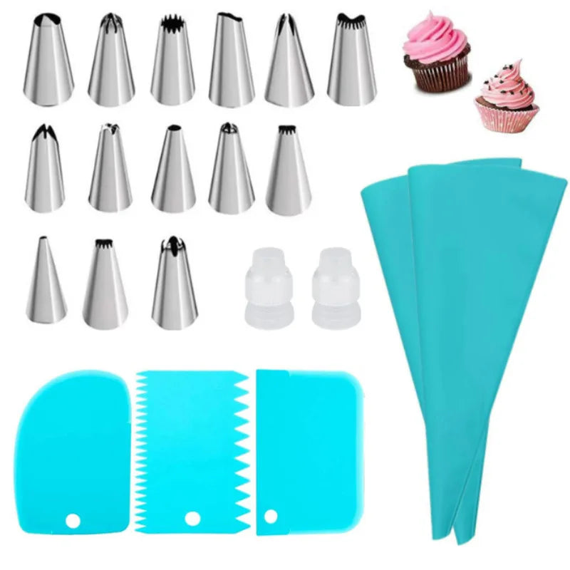 Cake Decorating Tool Set Silicone Pastry Bags DIY Cake Icing Piping Stainless Nozzle Reusable Cream Decorating Mouth Baking Tool Oasis Select F07-21Blue