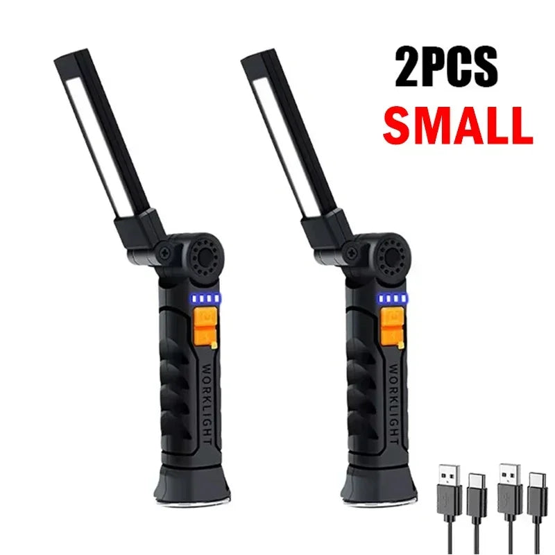 New Portable COB LED Flashlight USB Rechargeable Work Light Magnetic Lanterna Hanging Lamp with Built-in Battery Camping Torch Oasis Select Small 2PCS