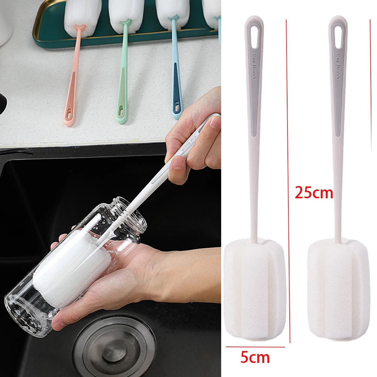 Long Handle Cup Brush,Kitchen Glass Bottle Cleaning Brush,Milk Bottle Tea Cup Scrubber,No-Electricity Required Cleaning Tool Oasis Select 2pcs D White