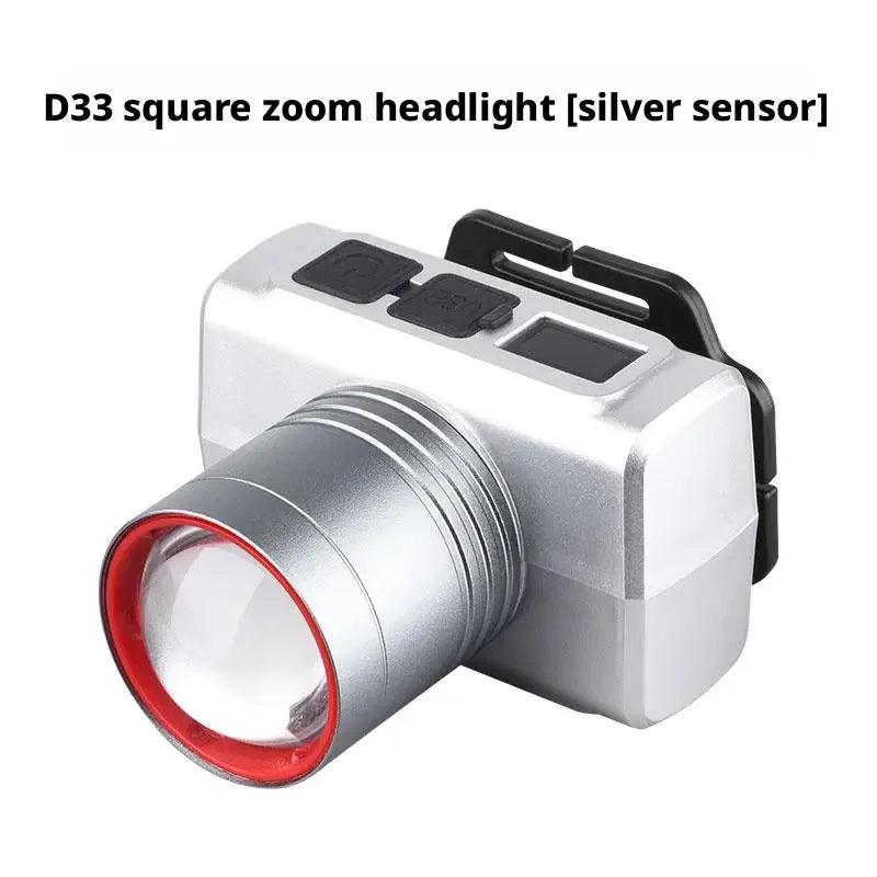 High Brightness LED Headlight with Digital Zoom Outdoor Strong Light Charging Headlight Long Endurance for Camping And Hiking Oasis Select D33 silver sensor