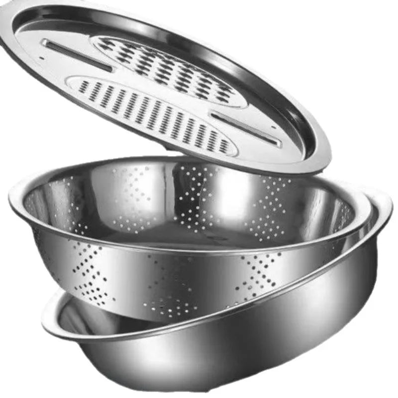 3-in-1 Stainless Steel Grater Bowl with Colander & Slicer