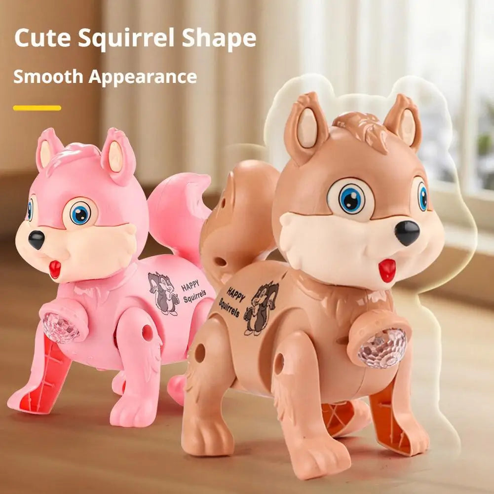 Cute Electric Squirrel Walking Toy with Pulling Leash Flashing Led Light Dynamic Music Interactive Sensory Toy for Kids Oasis Select