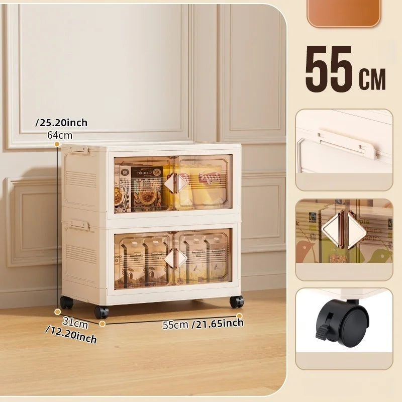 Foldable 55cm Width Plastic Storage Box Wheeled Multi-layer Clothing Cabinet Organizer for Books/Kitchen Supplies/Wears Oasis Select 55cm-Cream-2 Layers