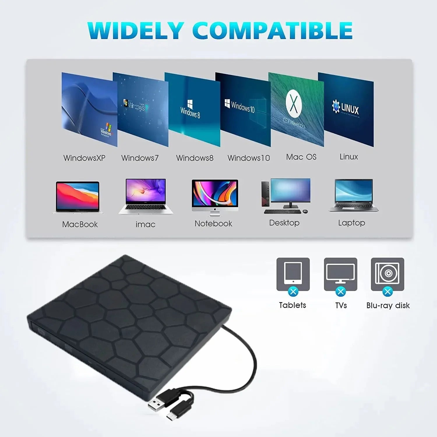 7 in 1 External CD/DVD Drive USB 3.0 Type C Portable DVD Player CD Burner External Disk Drive for Desktop Mac Windows Linux Oasis Select