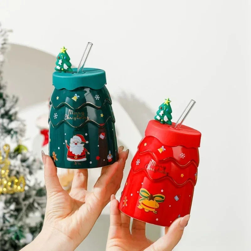 Christmas Creative Elk Snowman Ceramic Cup Creative Christmas Tree Cup with Lid Straw Gift Practical Cartoon Cup Oasis Select