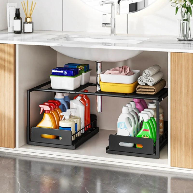 Kitchen Lower Sink Shelf Layered Rack in Cabinet Bathroom Basket Household Multifunctional Retractable Storage Rack Oasis Select