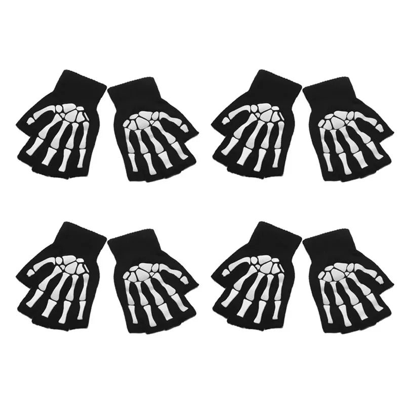 1-4pair Gloves Unisex Halloween Skeleton Skull Half Finger Gloves Glow In The Dark Fingerless Stretch Knitted Winter Mittens Oasis Select 4pair A